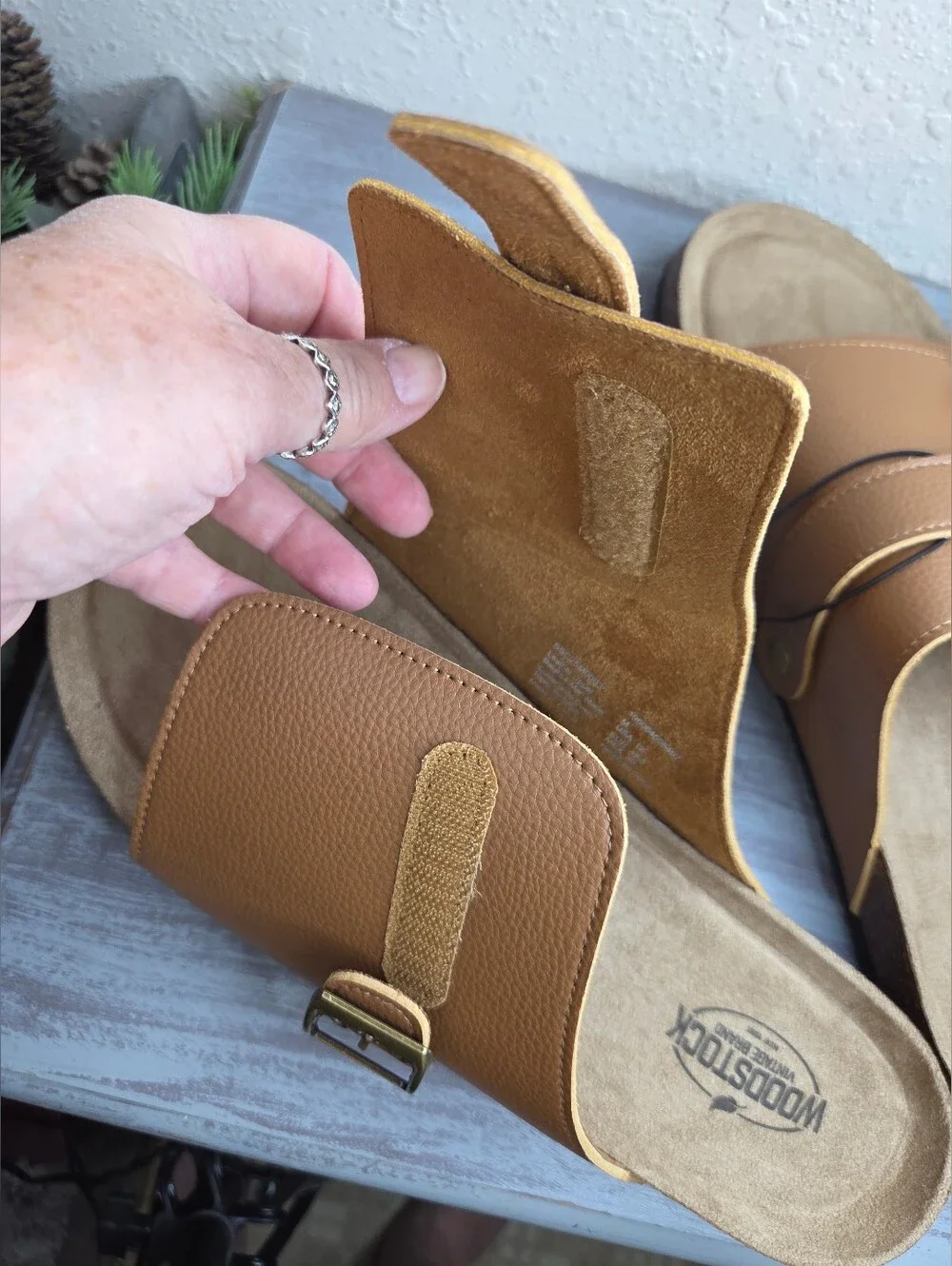 Woodstock Brown Leather Slide Sandals - Adjustable Comfort Mens Size 12 NWT